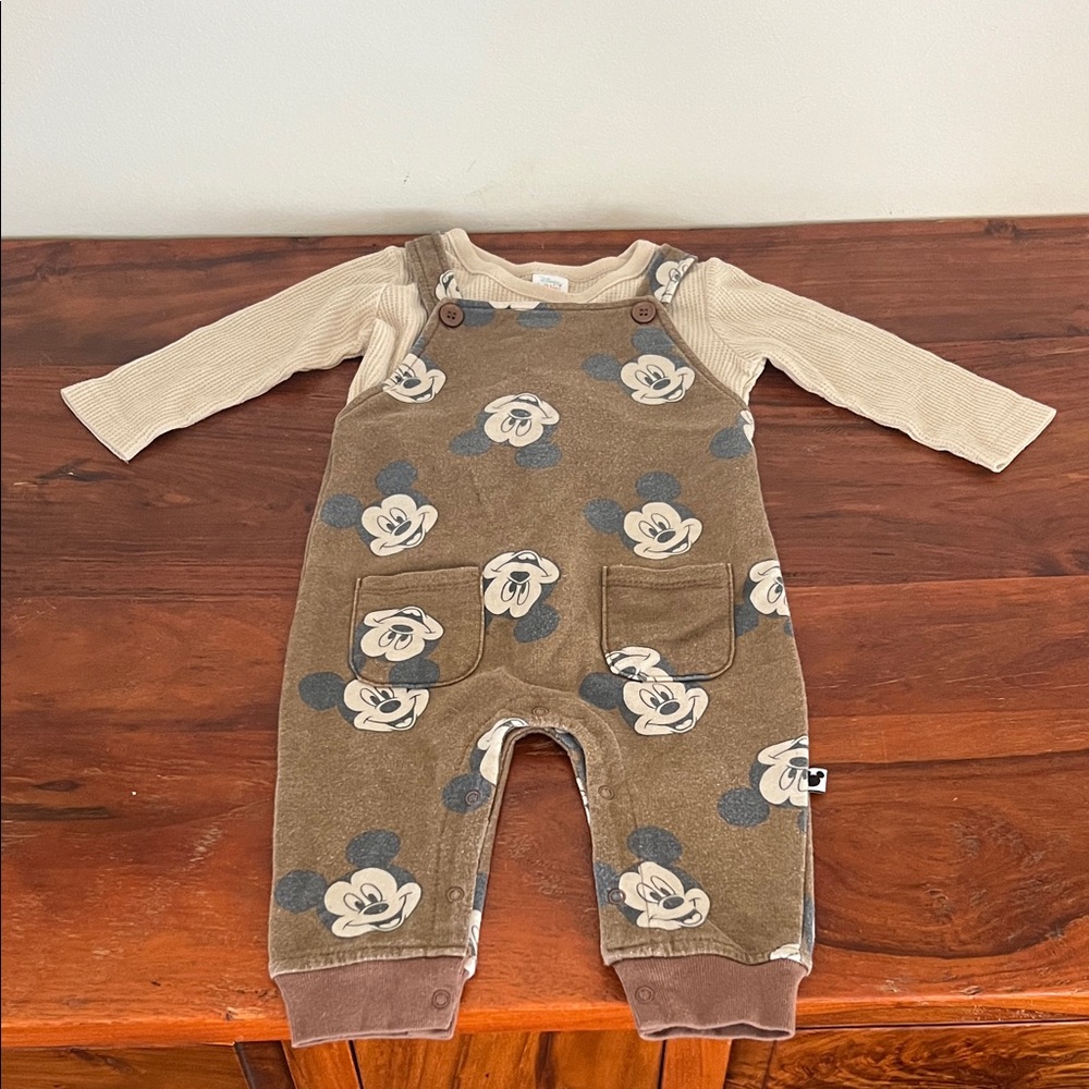 Brown Overalls with Mickey Mouse Print